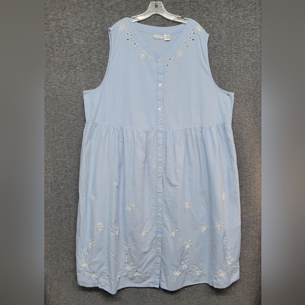 Venezia Sleeveless Light Blue Dress Full Button Front 100% Cotton Size C2